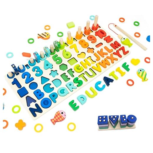 Dyploo™ Montessori träpussel leksak - pedagogiskt matematiskt spel för barn baby 1 2 3 4 5 6 år - lära sig siffror och bokstäver i alfabetet, känna igen former och färger - gåva