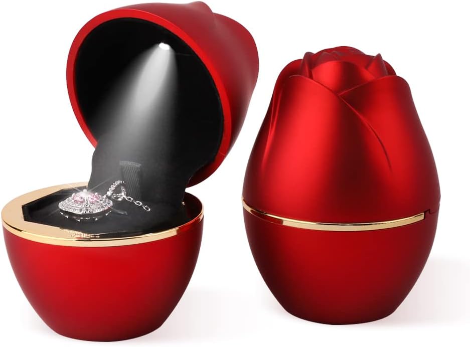 iSuperb Rose Shape Pendant Box LED Necklace Case Jewelry Box for Proposal Engagement Wedding Anniversary Valentines Birthday Gift (Red)