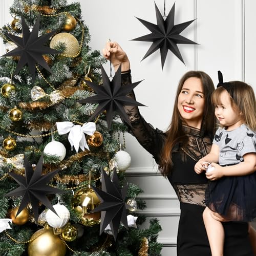 Image of SUNBEAUTY 5 Pcs 9-Pointed Black Paper Star Lanterns 12 Inch Hanging Lamp Black Paper Funeral Decorations Christmas Birthday Home Holiday Party Decorations