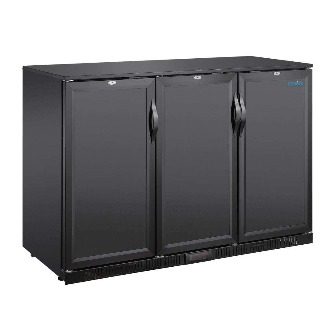 Polar Refrigeration G-series 280W Triple Door Back Bar Cooler Fridge 320 Litre, Black, 2°C to 8°C, 850(H) x1350(W) x520(D) mm, Solid Lockable Doors, 6 Shelves, Energy Rating B | GE999