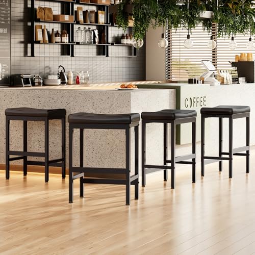 Image of RALGEND Bar Stools Set of 2, Compact Counter Height Stools, 24 inch Saddle Barstools with Curved Surface, Kitchen Breakfast Stools with Footrest, Thick Upholstery, for Dinning Cafe, Black 6801BYP2BB