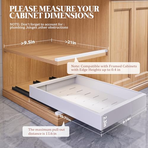 4 Pack Expandable Pull Out Cabinet Organizer 21" Deep With Raising Pad for Framed Cabinets,Upgrade 3 Slide Rails Slide Out Drawers,No Drill Roll Out Shelves,Adjustable Width 9"-14" White