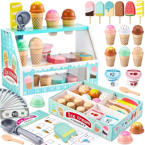 WHOHOLL Wooden Ice Cream Counter Playset for Toddler Girl Toys Play Store Pretend Toy Food Play Kitchen Accessories with Fake Money & Coin Christmas Birthday Gifts for 3+ Year Old Kids (Green)