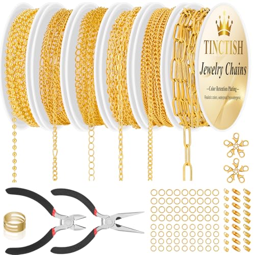 ROADPLUM 6 Roll Jewelry Making Kit - Gold Necklace Chains (Copper & Stainless Steel) with 2 Jewelry Pliers 140 Lobster Clasps Jump Rings Connectors - Complete DIY Bracelet Chain Supplies for Crafters