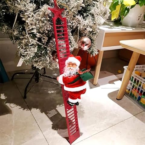 Santa Climbing Ladder to Tree Climbing Santa Up and Down Santa Claus on Ladder Climber Musical Animated Holiday Party Home Wall Christmas Tree Decoration Xmas Ornament Santa Claus Figurines Climber Cover