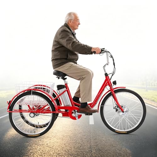 Bicicleta eléctrica para Adultos de 24 Pulgadas, Cuadro de Acero de Alto Carbono, Cesta de Compras Grande, batería extraíble de 36 V 13 Ah, Capacidad de Carga de 160 kg, Color Rojo.