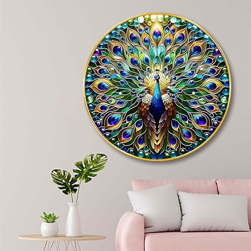 Image of SAF Vibrant Peacock Round Wall Art | 3D Embossed MDF Panel with Golden Rim | Multicolor Luxury Wall Decor | Modern Art Frame for Home Decoration and Gifting (23 x 23 Inch) GR-305