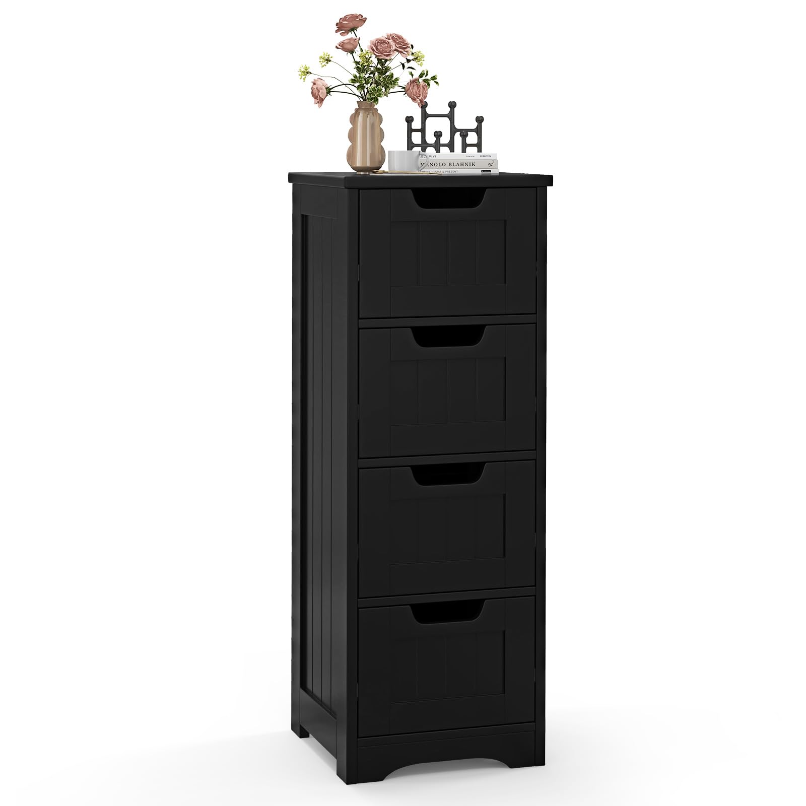 Multigot Bathroom Storage Cabinet, Freestanding Floor Organizer Unit with 3/4 Drawers, Wooden Storage Cupboard for Bathroom Living Room Entryway(Black, 4-Drawer Cabinet with Rounded Corners)