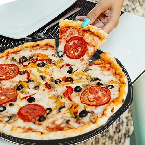 2 Pcs 14 Inch Pizza Trays for Oven Non Stick Pizza Pans Round Perforated Pizza Oven Trays Carbon Steel Baking Tray with Handle, Black - Image 4
