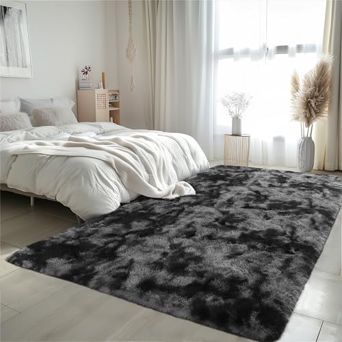 Zentavio Black and Grey Area Rugs for Living Room Large Men Room Carpet 6x9 Bedroom Fluffy Furry Shag Aesthetic Plush High Pile Floor Rug for Kids Room Dorm Home Decor Gray
