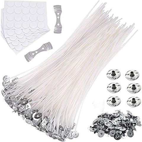 Candle Wicks|100PCS 8 inch Natural Cotton Candle Wick with 100PCS Metal Bases|100PCS Stickers for DIY Craft Candles Making Supplies Kit for Women on Mother's Day, Birthday, Festivals, Wedding, Party Cover