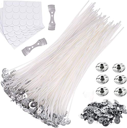 Kerzendocht|100 PCS Candle Wick 20CM,100 PCS Metallbasis und 100 PCS Aufkleber sowie 2 PCS Dochthalter|Naturkerzendocht aus 100% ökologischer Baumwolle für Muttertag|Kerzenherstellung|Kerze DIY Cover