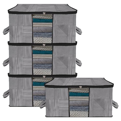 Image of Kuber Industries Non-Woven Underbed Storage Bag|Clothes Storage Organizer|Blanket Cover With Clear Window|Zipper Closure&Handle Cloth Organizer|Lining-Design|Large|Pack Of 4|Gray,32 Cm,48Cm,Black