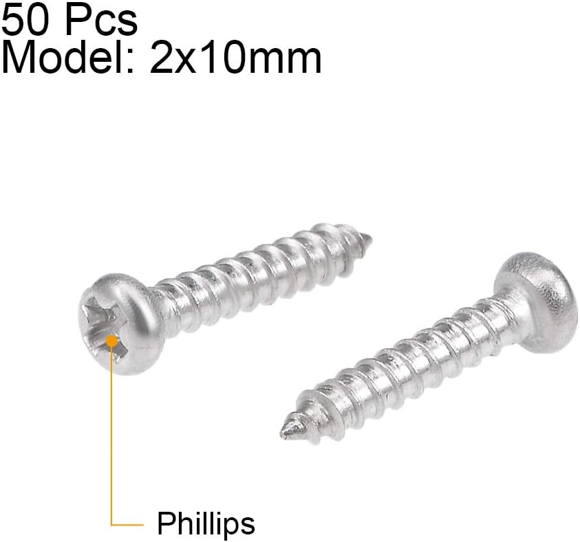sourcing map 2x10mm Self Tapping Screws Phillips Pan Head Screw 316 Stainless Steel Fasteners Bolts 50Pcs - Image 3