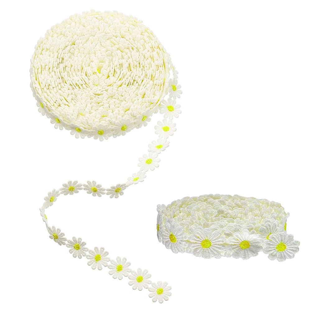 Lace Ribbon Trim Embroidered Sewing Lace Trim, Daisy Flower Lace Trim Ribbon Applique Fabric for Decorations Crafts Supplies, 6 Yards(Light Yellow)