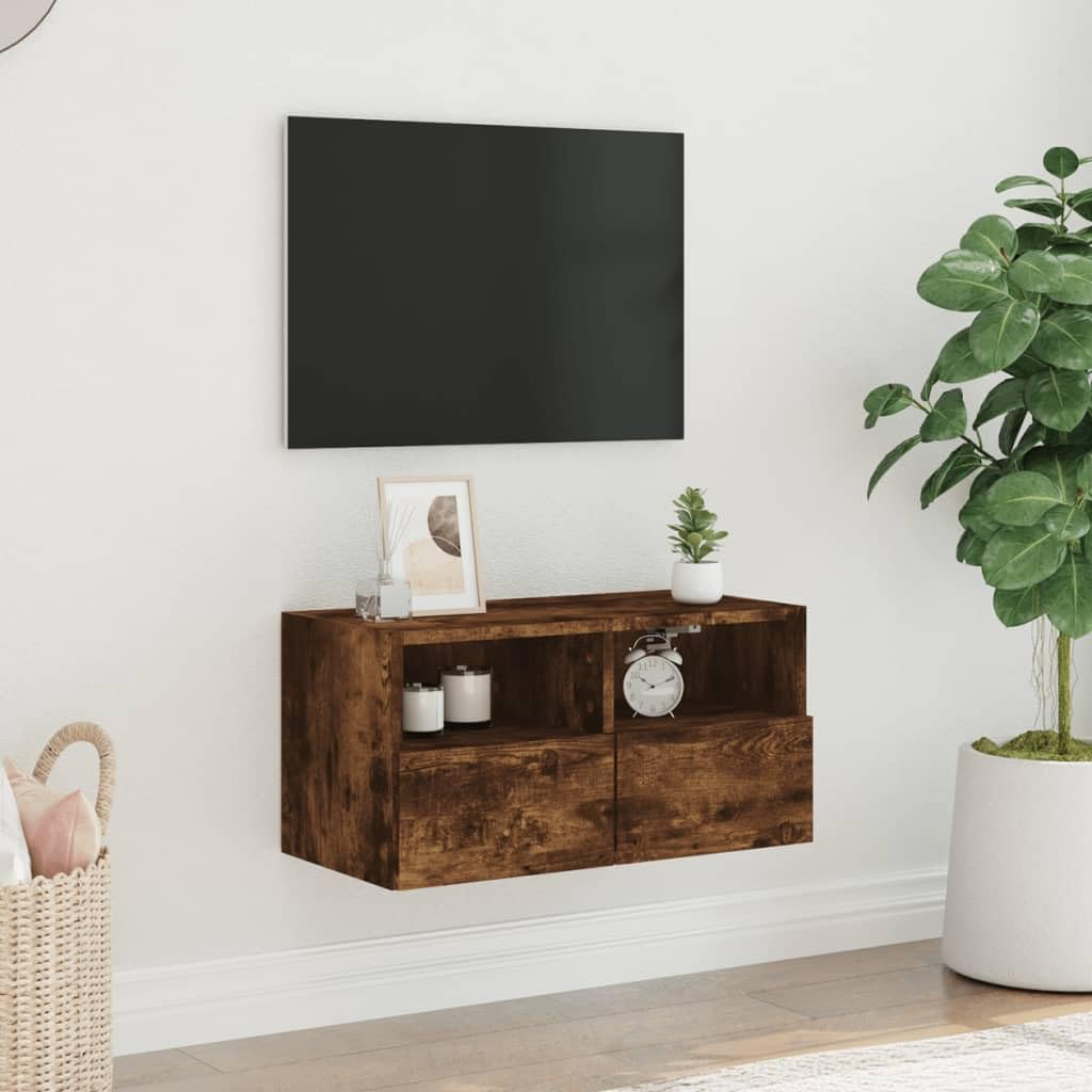 Fengshui Mobile da parete per TV, in legno di rovere affumicato, 60 x 30 x 30 cm | 2 ripiani, 2 scomparti dietro la porta, montaggio a parete, spazio per libri e DVD