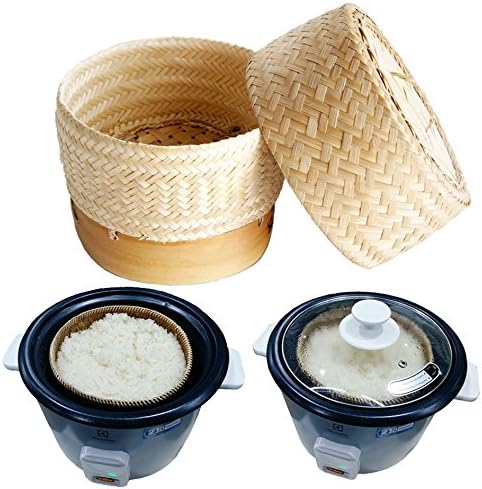 Exotic Elegance Sticky Rice Steamer Cooking Bamboo Basket for Insert in Rice Cooker (Basket Diameter 6.5") with Lid Cover.