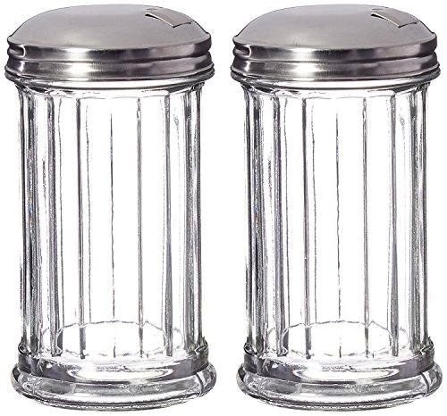 Great Credentials Set of 2 Sugar Shaker Retro Dispenser, Glass Jar, Pour-Flap Lid Stainless Steel Lid 12 OZ Each (Pour-Flap Lid)