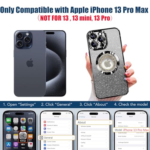 Image of Misscase for iPhone 13 Pro Max Magnetic Glitter Case Compatible with MagSafe,Full Protection Slim Shockproof Anti-Scratch Case with Camera Lens Protector Logo View Dust-Proof Net for Women Black