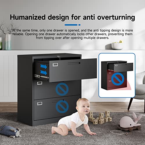 Bynsoe Lateral File Cabinet With Lock,Metal Storage File Cabinet 3 Drawer,Steel Lateral File Cabinet For Legal/Letter A4 Size,Wide File Cabinet For Office Home,Assembly Required #TOP3