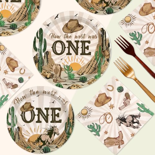 Image of Grencian 96Pcs How the West Was One Party Decorations Serves 24 | Western Cowboy 1st Birthday Plates and Napkins Tableware Set for Boys One Year Old First Rodeo Wild West Party Supplies