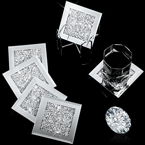 Jetec Crushed Diamond Home Decoration Glass Coaster Set of 6 with 1 Holder