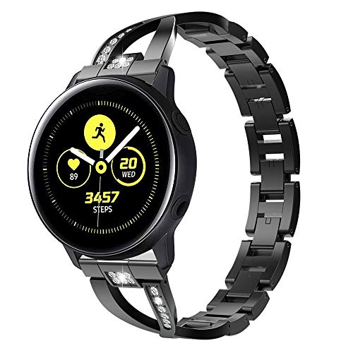 Emibele Replacement Watch Band Compatible with Samsung Galaxy Watch 42mm/Galaxy Active 2 (40mm/44mm), 20mm Unique X-Link Adjustable Band with Rhinestones Fit Gear S2 Classic/Gear Sport, Black