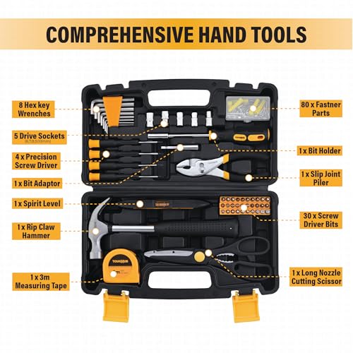 Image of 100 Pcs Tool Kit - DIY Hand Tool Set for Home Repairs & Maintenance - Tool Box with Tools Included Plier, Hammer, Adjustable Wrench, and Hex Key Set (2.96, Kilograms) (Yellow, 100)
