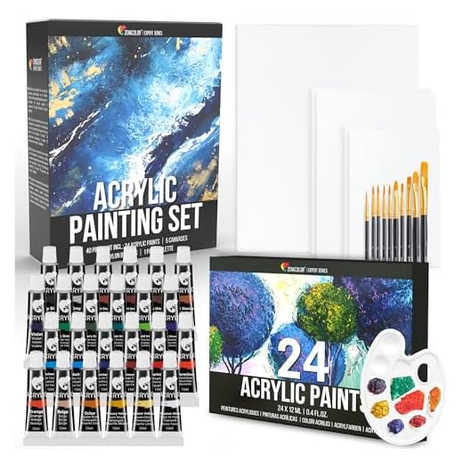 Set Pinturas (40 piezas) Zenacolor - 24x12ml Pinturas acrilicas, 5 lienzos para Pintar, 10 Pinceles, 1 Paleta - Set para Artistas