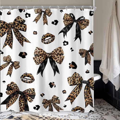 Newsely Leopard Print Bow Shower Curtain 60Wx72L Inch Woman Girls Bownot Retro Brown Cheetah Fashion Shower Curtain Bathroom Set Vintage Modern Waterproof Bath Decoration Accessories Home Decor