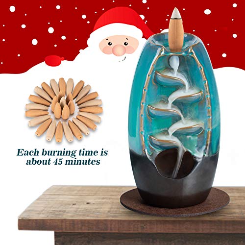 DAILYLIFE Incense Waterfall Burner Backflow Ceramic Incense Holder, Home Decor Aromatherapy Ornament with 35 Upgraded Backflow Incense Cones + 25 Incense Sticks + 1 Cushion + 1 Tweezer