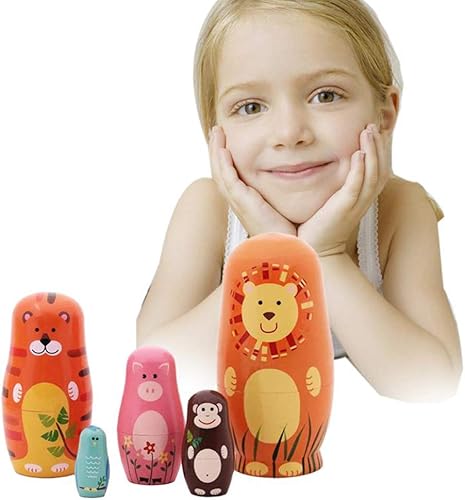 Miniatura 7 de 5 muñecas rusas, animales de madera, animales rusos de anidación, muñecas rusas de Matryoshka apilables, muñecos de dibujos animados hechos a mano,
