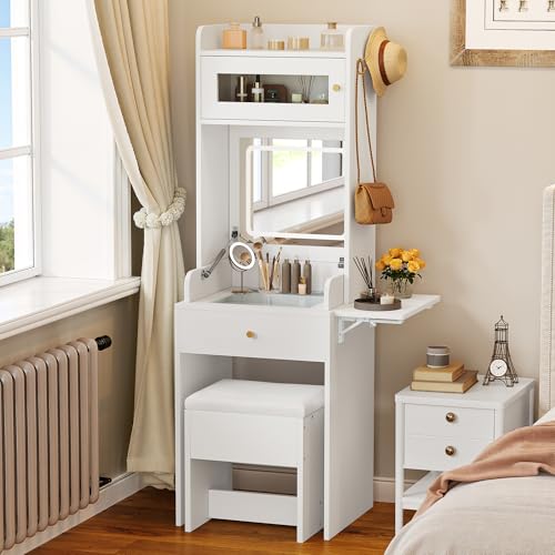 YITAHOME Table de dressing avec miroir LED pliable, bureau compact avec panneau rabattable, tabouret rembourré, dessus en verre trempé, tiroir de rangement et crochets, petite table de maquillage pour