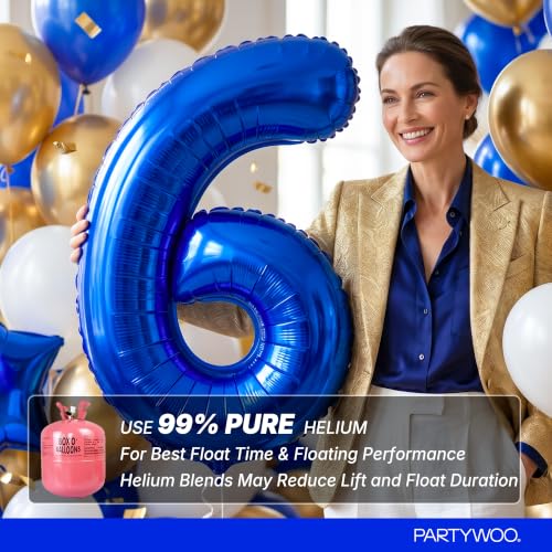 Image of PartyWoo Royal Blue Number 6 Balloon 40 Inch 25pcs Blue Star White Gold