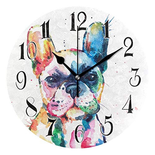 HMZXZ Orologio da Parete 20,5 Pollice Acquarello Bulldog Francese Silenzioso Orologio Rotondo per Casa Soggiorno Cucina Ufficio Scuola Decor