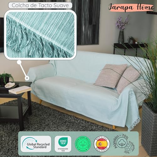 Colcha Multiusos: Plaid sofa, Manta Foulard, Cubre cama, foulard para sofas de Algodón y otras fibras acabado de calidad Fabricado en España. (Verde agua jasp. 09, 230x260cm) - imagen 2