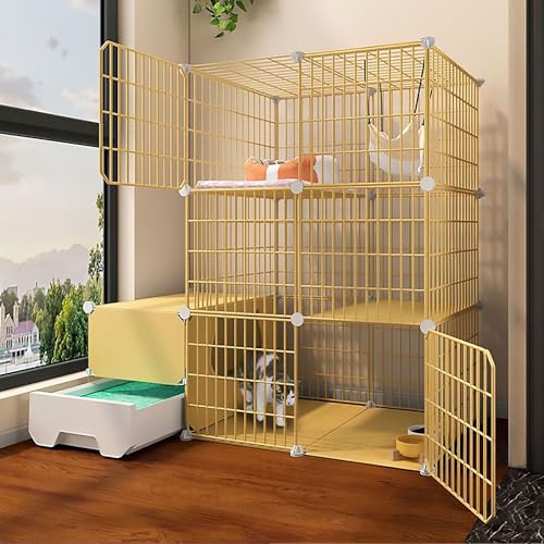 3層猫のケージエンクロージャー、屋内DIY猫プレイペン、猫のごみ箱、取り外し可能な金属ワイヤー犬小屋、子猫の木枠、猫の家(色:黄色、サイズ:B-111x49x1111cm) YYuan