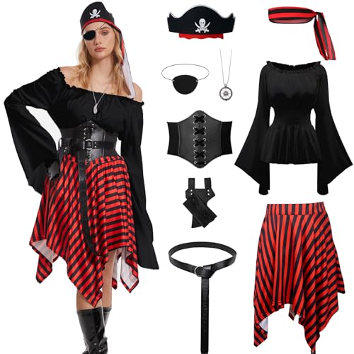 AJGEGJE Piratenkostüm Damen, Piratin Kleid Set mit Piraten Oberteil, Rock, Piraten Kopftuch, Gürtel, Halskette, für Halloween Karneval Cosplay (Schwarz, L)