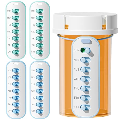 Odaro 4 Pack Pill Reminder Lanyad or Sticker Pill Tracker Work with Most Bottles Reusable Medication Tracker Replacement of Vitamin Weekly (7 Day) Medicine Organizer