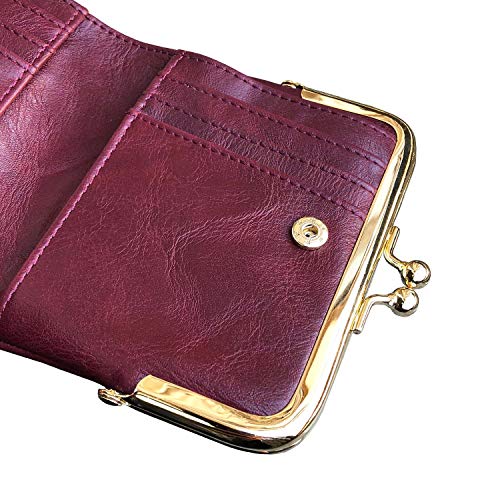 Image of AOXONEL Womens Wallet Small Rfid Ladies Compact Bifold Leather Vintage Coin Purse With Zipper and Kiss Lock, Purple, Small, Vintage