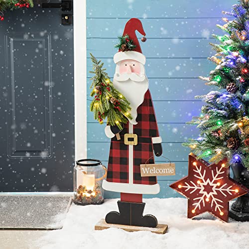 Image of Glitzhome 36 inch H Lighted Wooden Christmas Santa Porch Sign Standing Porch Decor Rustic Merry Christmas Welcome Sign Holiday Party Outdoor Indoor Xmas Decorations
