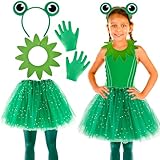 Plukeen 5 Pcs Kids Frog Costume Accessories Set with Tutu Frog Ears Headband Collar Gloves for Halloween Cosplay Party Dress Up