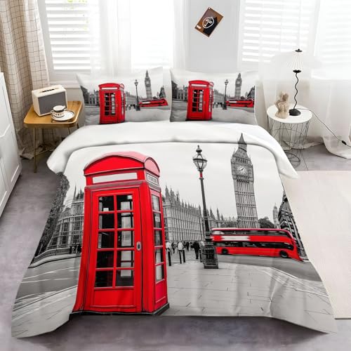 Housse de Couette Architecture De La Ville Bus Rouge Cabine Téléphonique Rouge De Londres Imprimé Set de Parure de lit 90x190 cm pour Enfants , avec 1 taie...