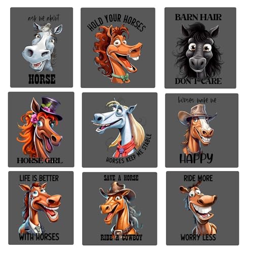 9pcs Funny Horse Quotes Iron On Transfer Decals Thermal Stickers for Clothing Appliqued Washable DIY Applique Iron On Heat Press Vinyl for Shirts Pillow Covers
