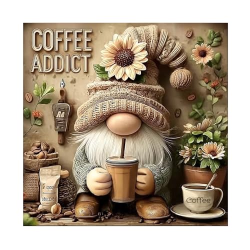DIYDECORFUN 5D Diamond Art Painting Kits for Adults,Gnome Drinks Coffee Diamond Painting for Beginner, DIY Full Drill Round Coffee Addict Paint by Diamond Dot Gem Arts for Home Decor 12x12IN