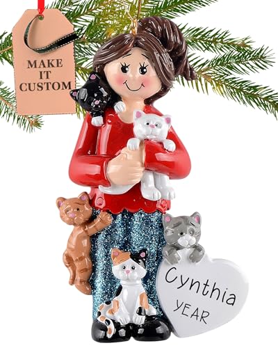 Personalized Cat Lady Ornament 2026 for Feline Moms, Woman with Cats