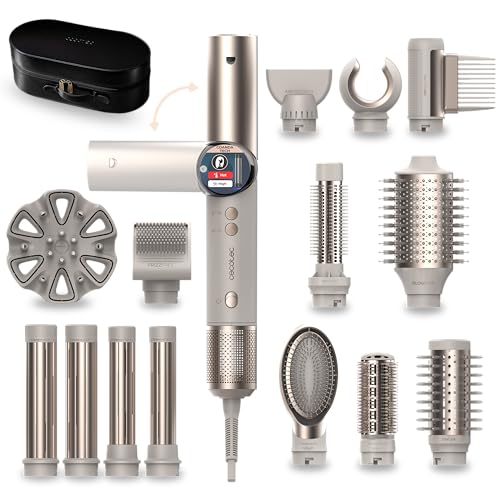 Cecotec Cepillo de Aire Moldeador Multifunción - 14 Cabezales y Mango Flexible AirGlisse 14in1 Flex Champagne. 1400W, 110000RPM, Tecnología Coanda, Motor Brushless, Revestimiento Cerámica y Queratina
