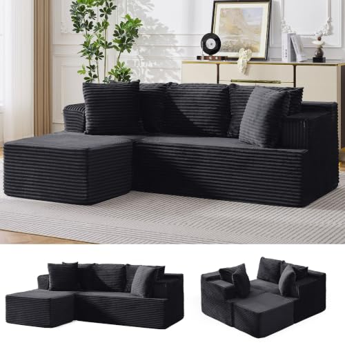 Image of Korser Boneless Couches for Living Room, Cloud Couch Sectional with Ottoman, L-Shaped Sofa with Fluffy Comfy Corduroy Deep Seat, Bedroom, Apartment, No Assembly Required