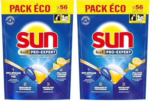 Sun - Pro Expert - Pastilles Lave Vaisselle - Action 4 en 1 - Citron - Elimine 100% des taches brûlées de +72h - dégraissent en Profondeur - 56 Capsules (Lot de 2)