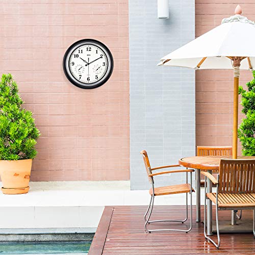 Large Outdoor Clock, 18 Inch Waterproof Silent Wall Clock with Thermometer and Hygrometer Combo, Weather Resistant, Modern Home Decorative Clock for Garden/Patio/Pool/Lanai/Fence (Metal, Black-Silver)